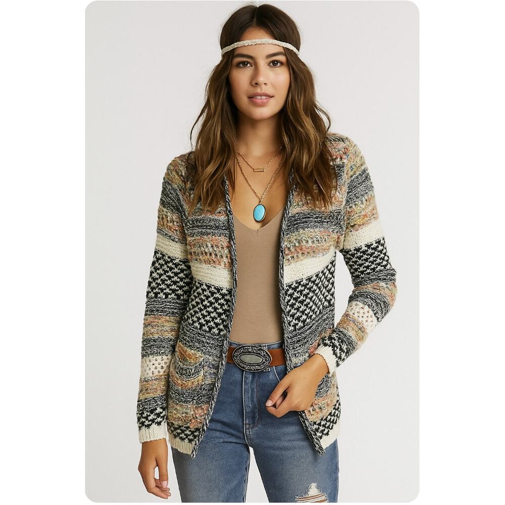 Kamana Multicolor Open Knit Fringe Cardigan Sweater Open Front Boho Small